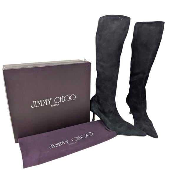 Jimmy Choo Black Suede Knee High Vail Stretch Pointed Toe Heeled Boots 37.5 - Picture 8 of 9